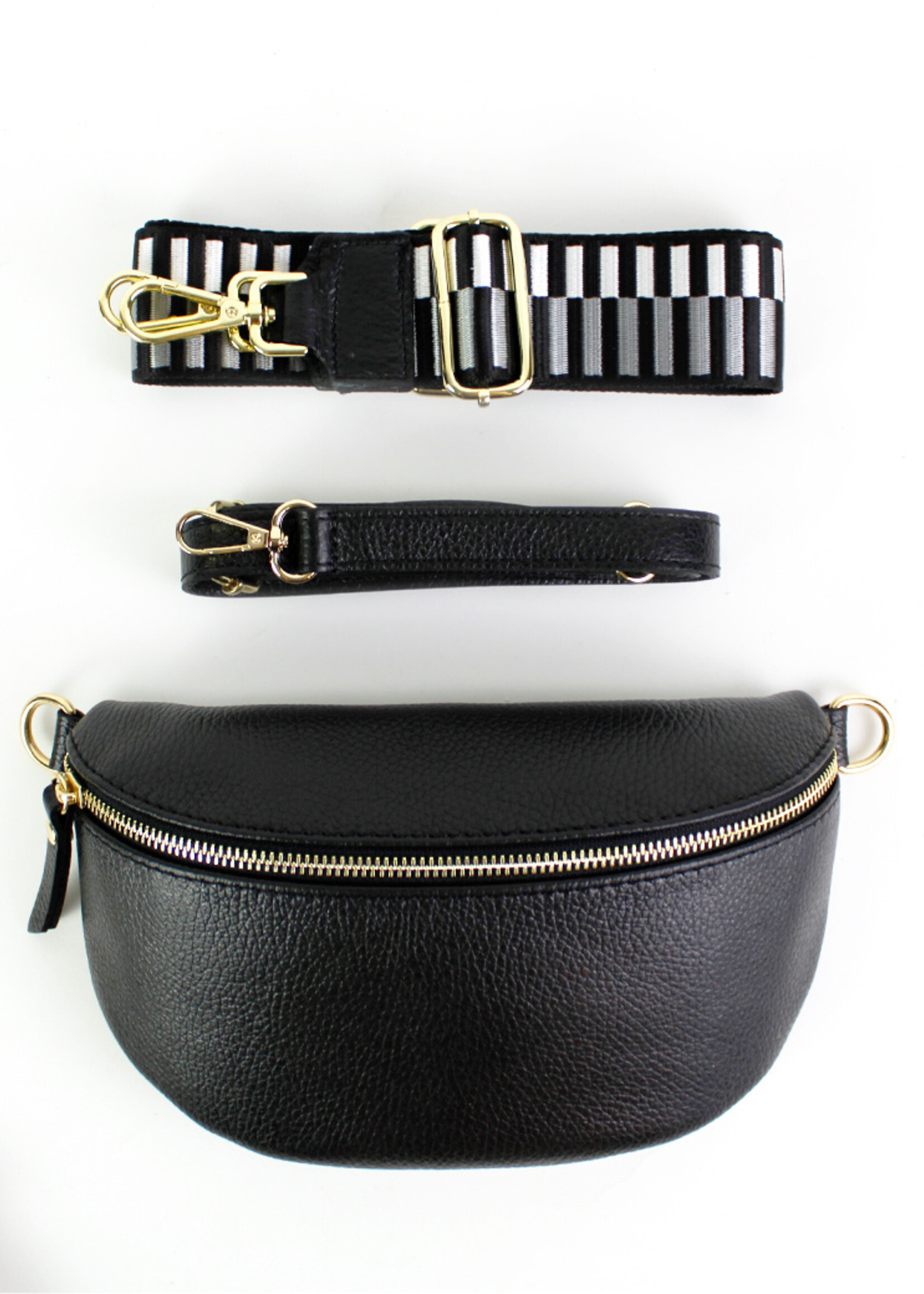 Leren heuptas | Bumbag SET | Zwart | Stripes | MEDIUM