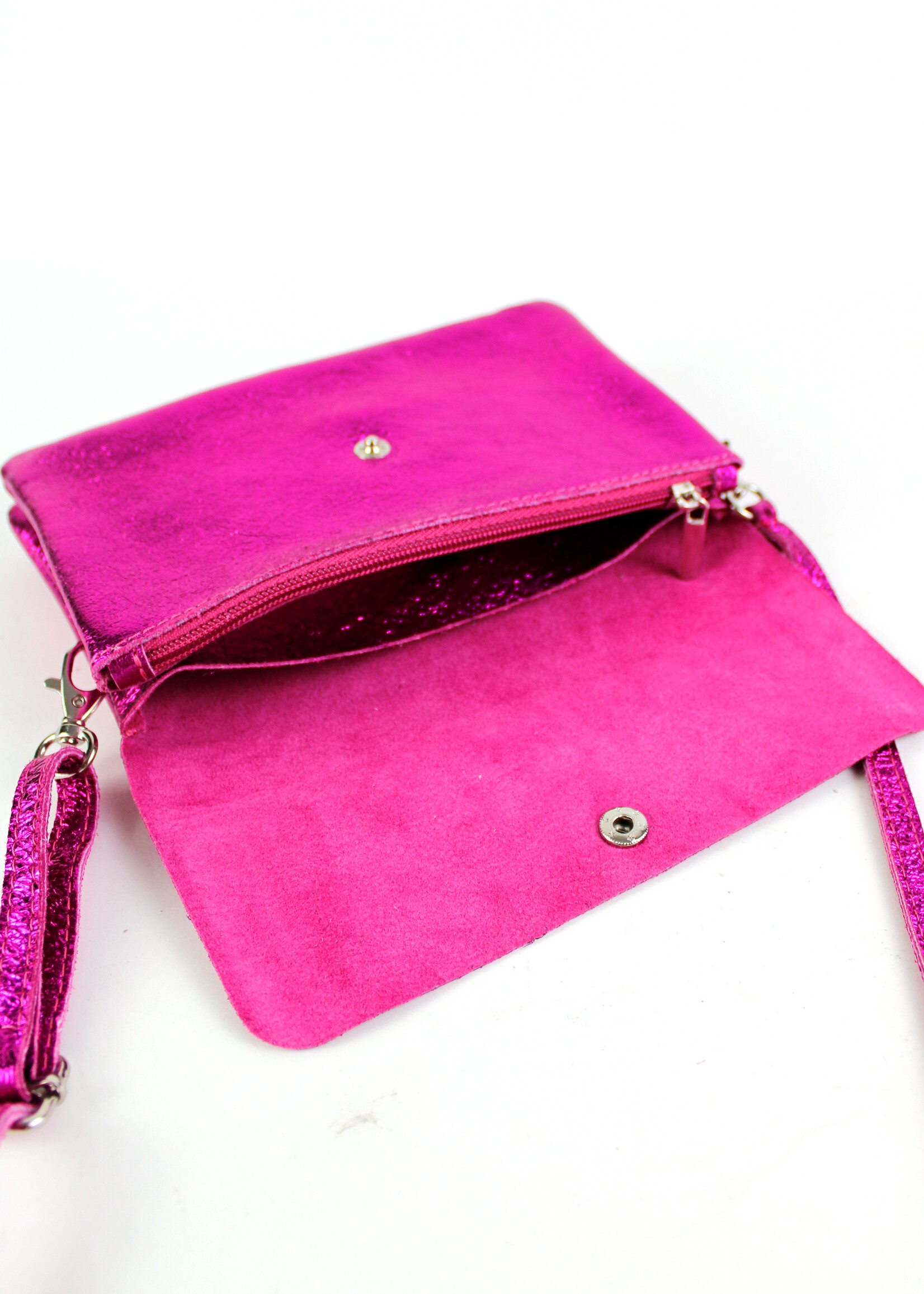 Leren metallic schoudertas Marèn | Fuchsia-Groen-Blauw