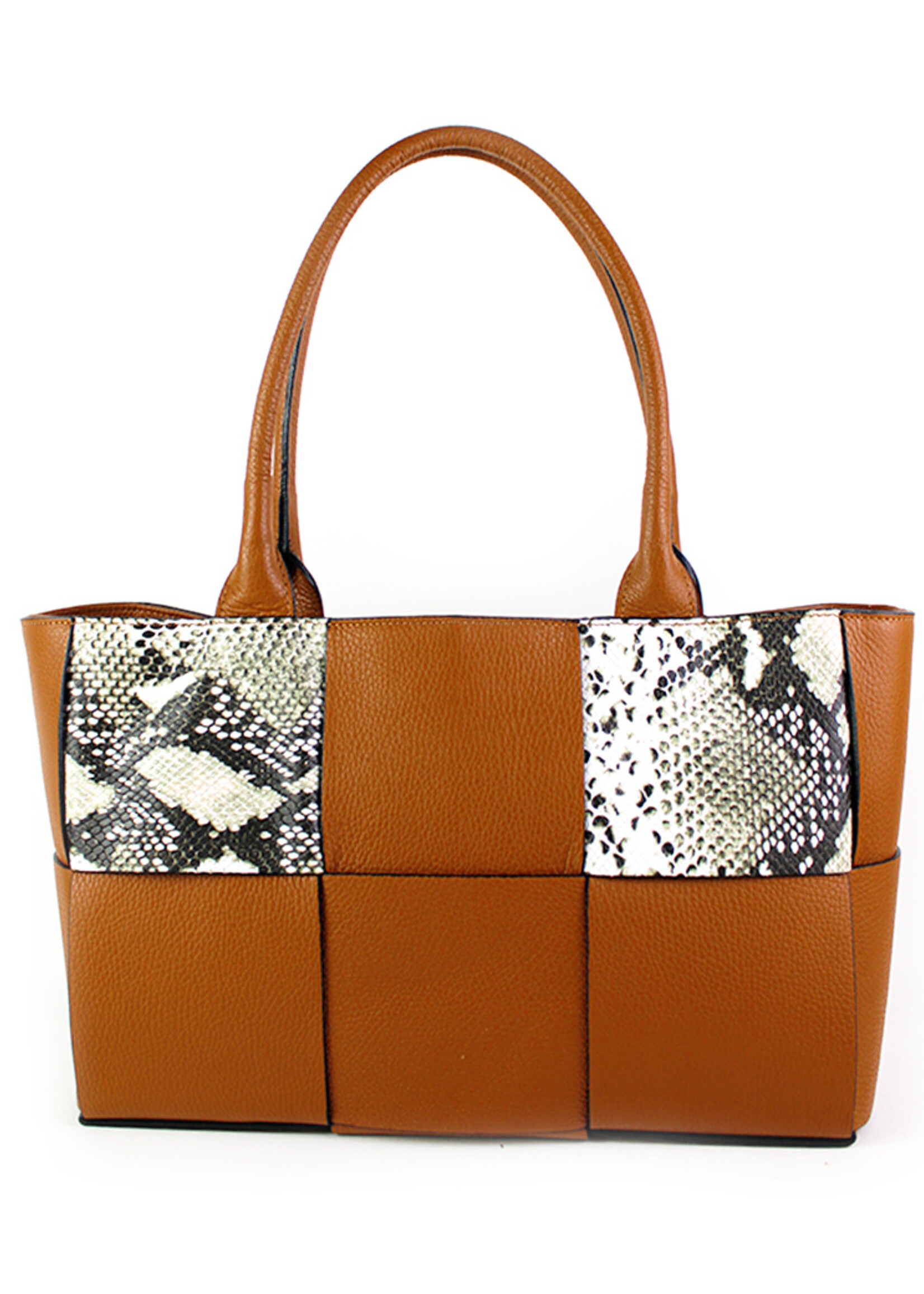 Leren slangenprint handtas | Fien | Camel