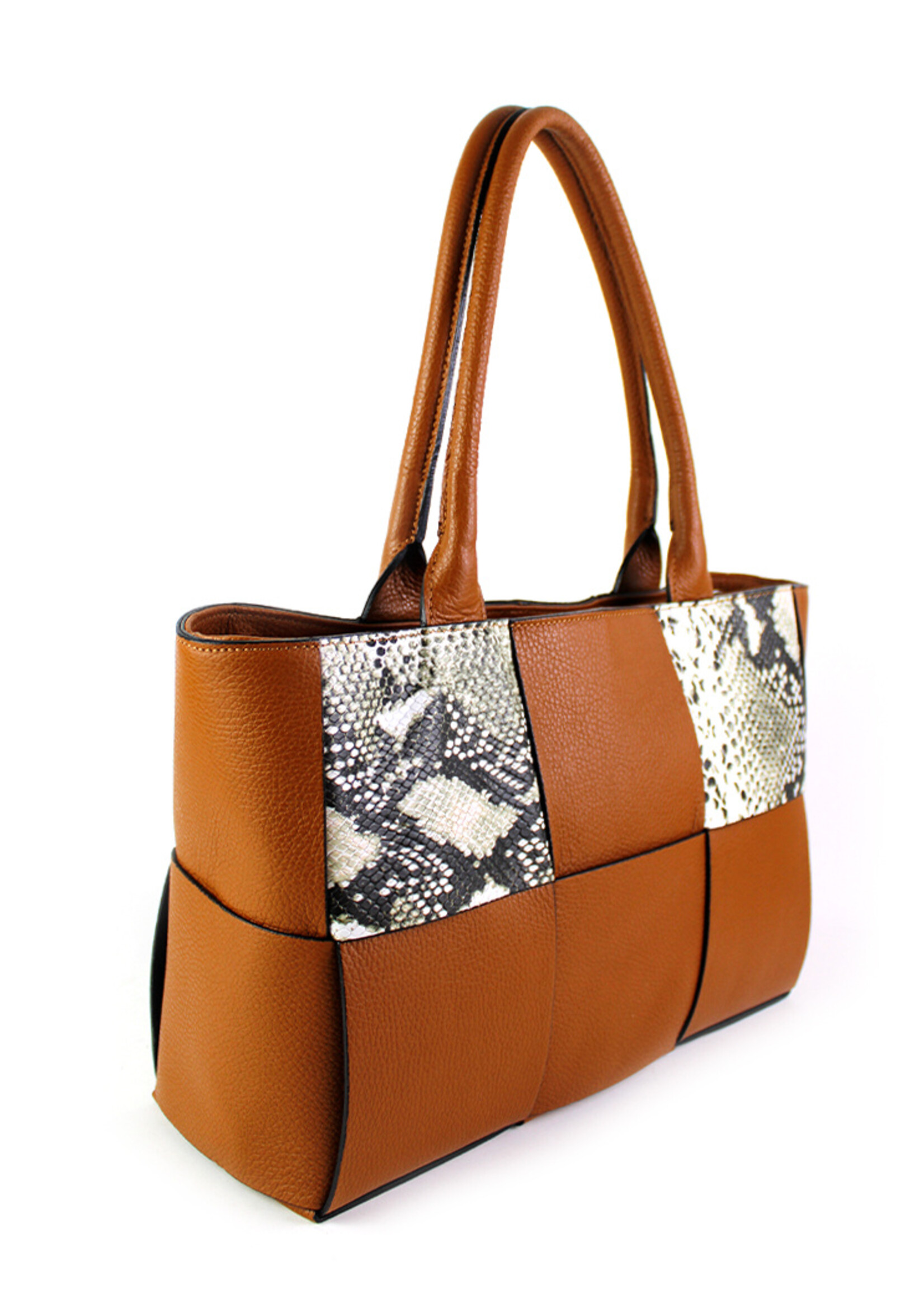 Leren slangenprint handtas | Fien | Camel