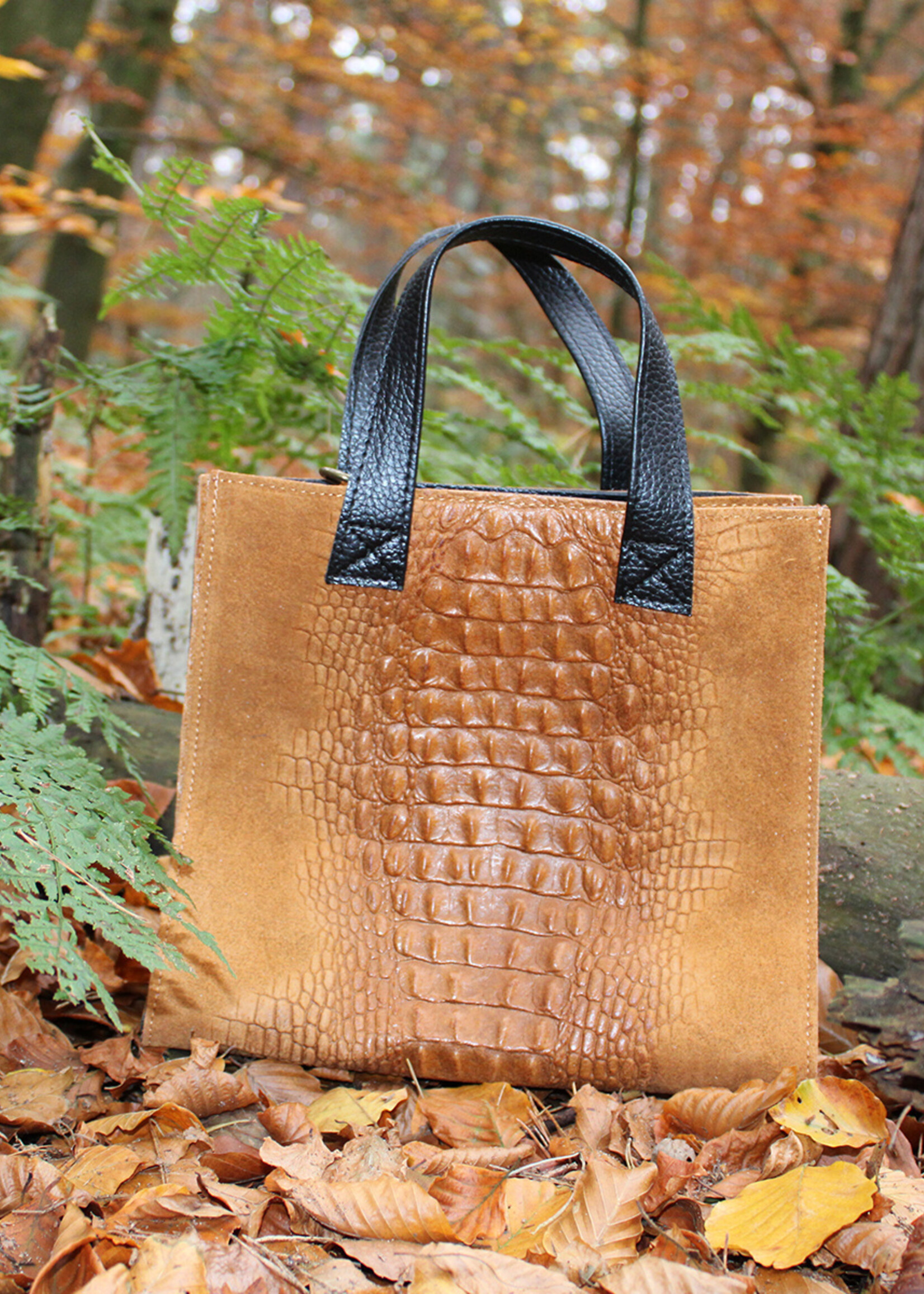 Suède met Lederen Kroko handtas | Lola | Camel