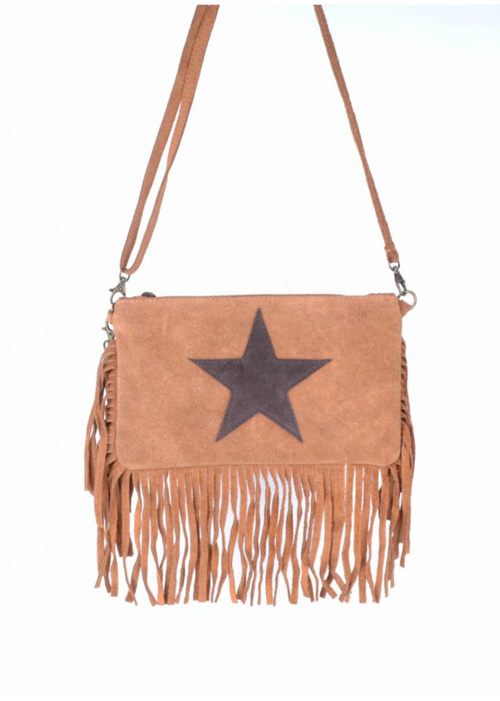 Suede schoudertasje ster met franjes | Saskia | Camel
