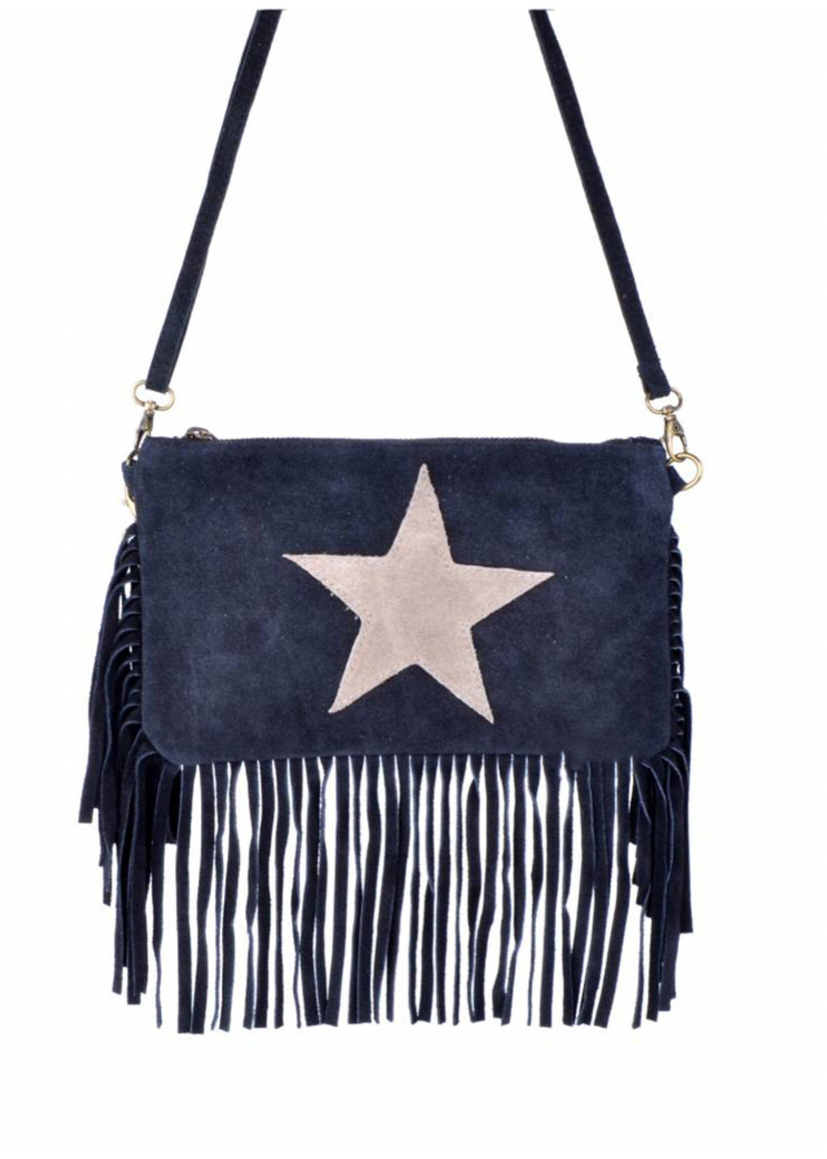 Suede schoudertasje ster met franjes | Saskia | Zwart