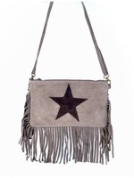 Suede schoudertasje ster met franjes | Saskia | Taupe