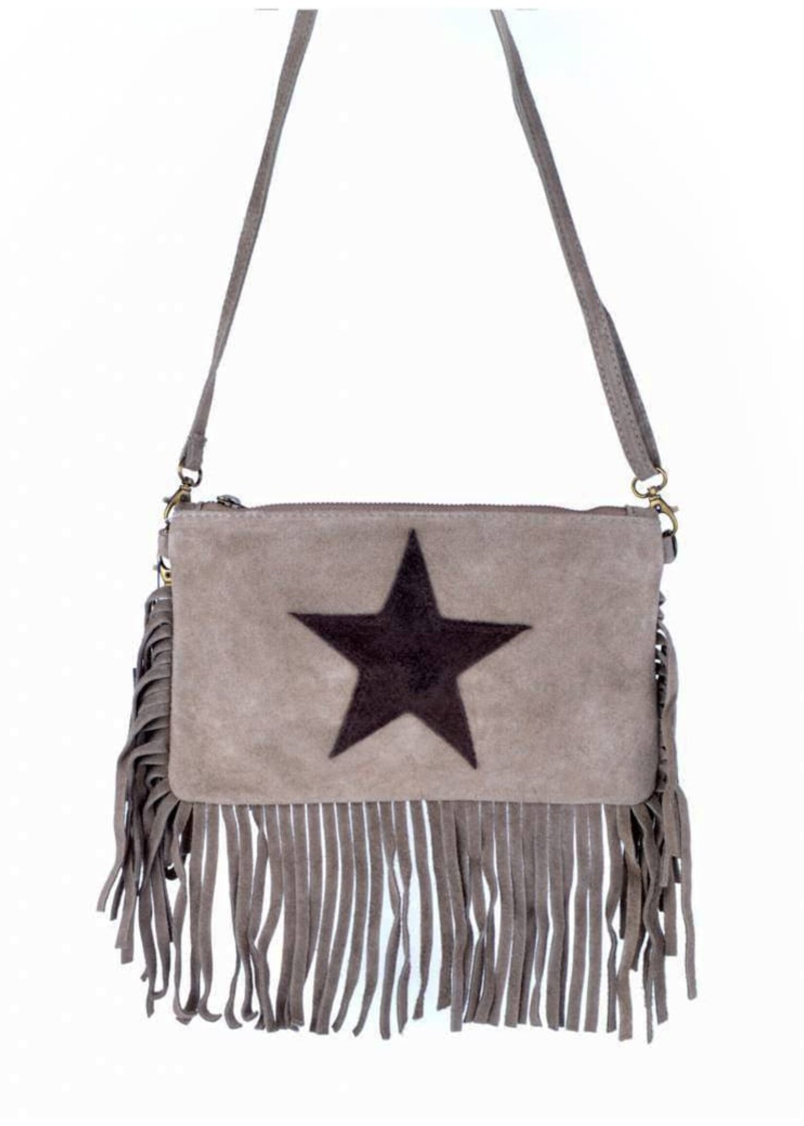 Suede schoudertasje ster met franjes | Saskia | Taupe