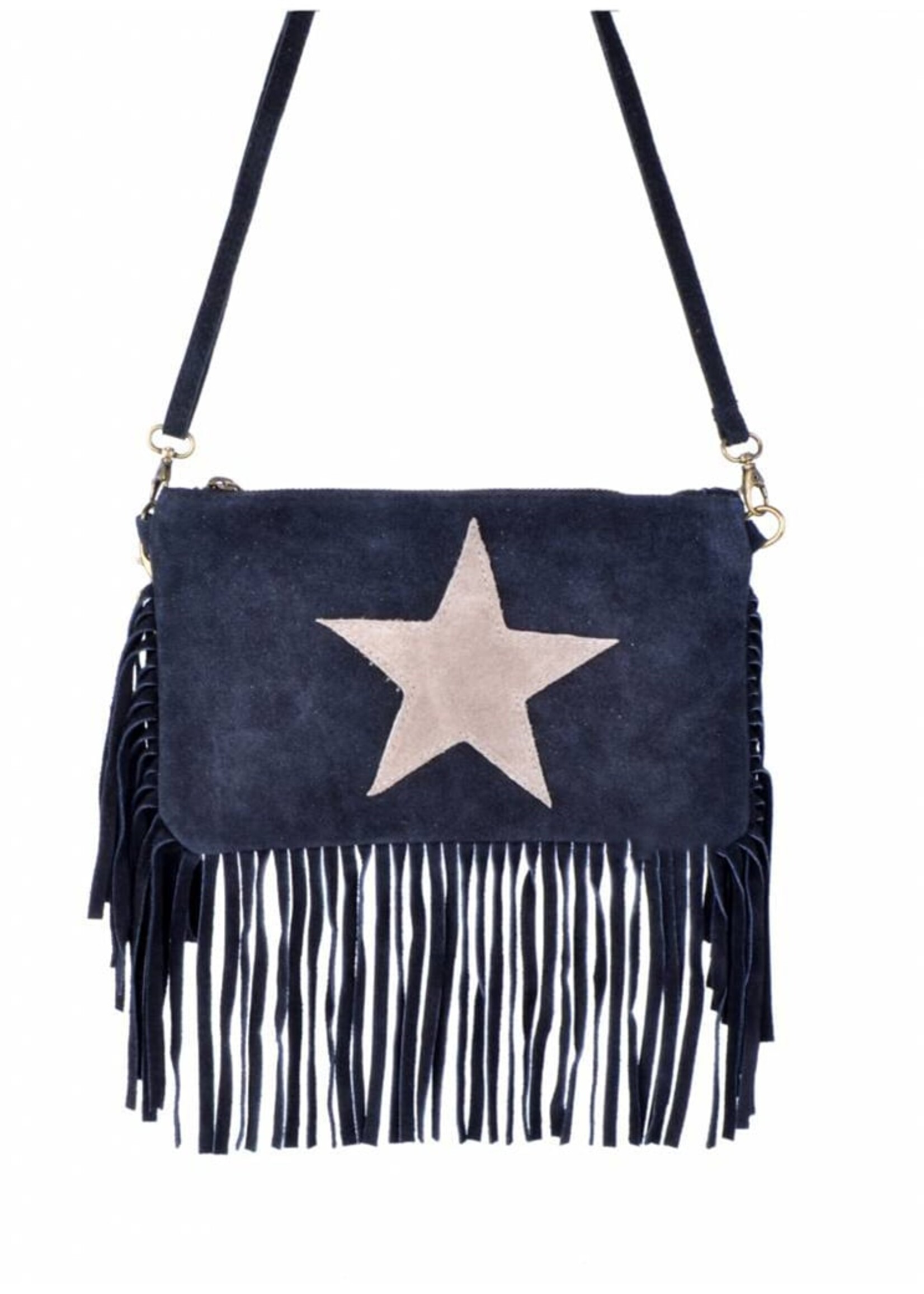 Suede schoudertasje ster met franjes | Saskia | Taupe