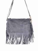 Suede schoudertasje met slangen motief en franjes |  Lotte | Grijs