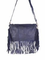 Suede schoudertasje slangen motief  met franjes |  Lotte | Donkerblauw