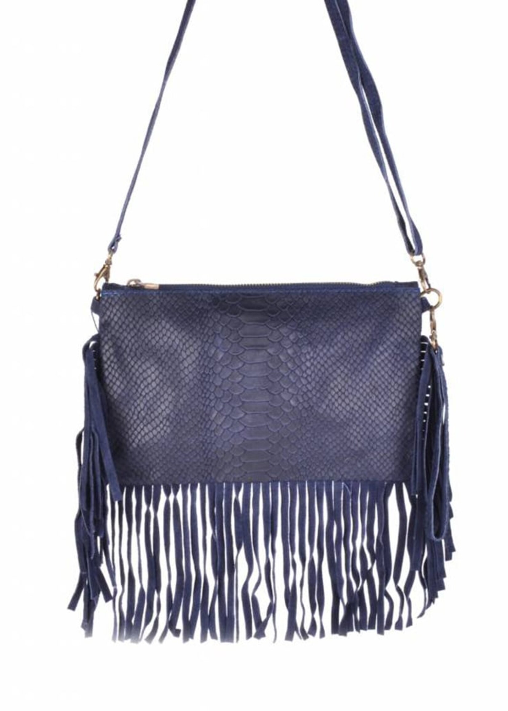 Suede schoudertasje slangen motief  met franjes |  Lotte | Donkerblauw