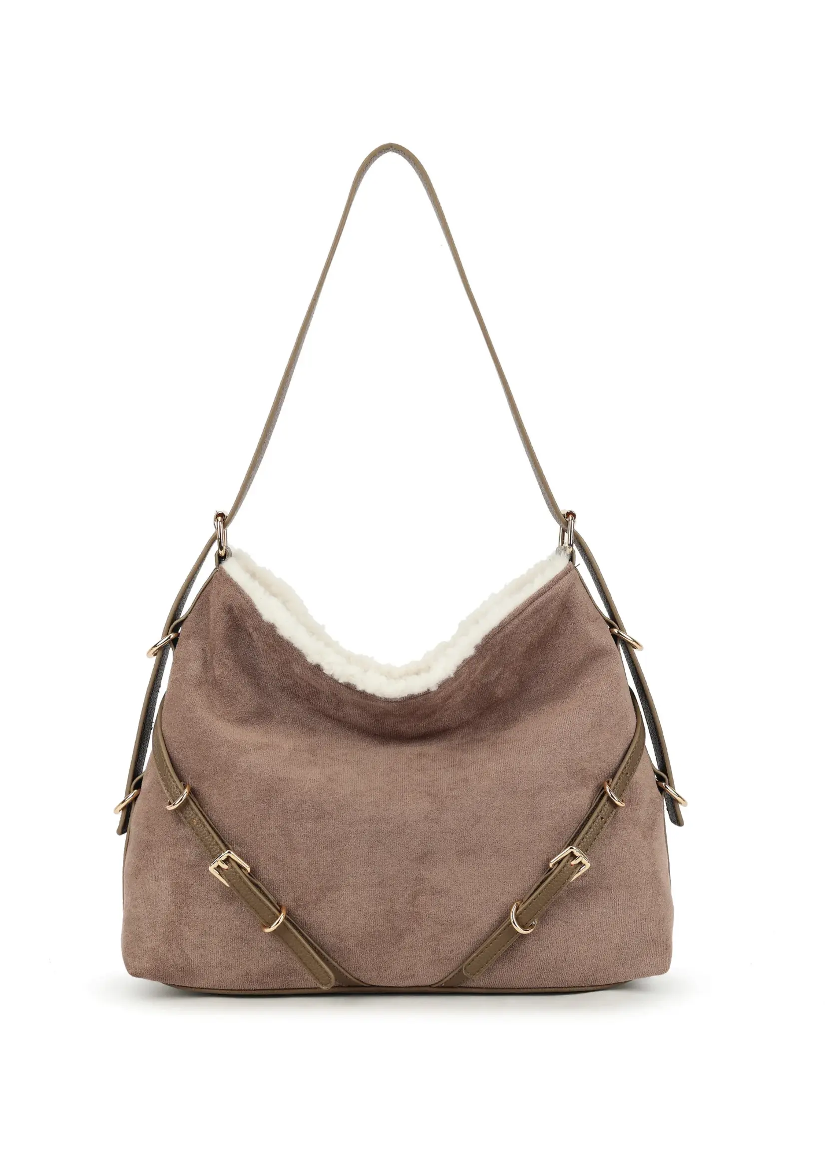 Kunst suede schoudertas | Mirrene | Zwart-Bruin-Taupe