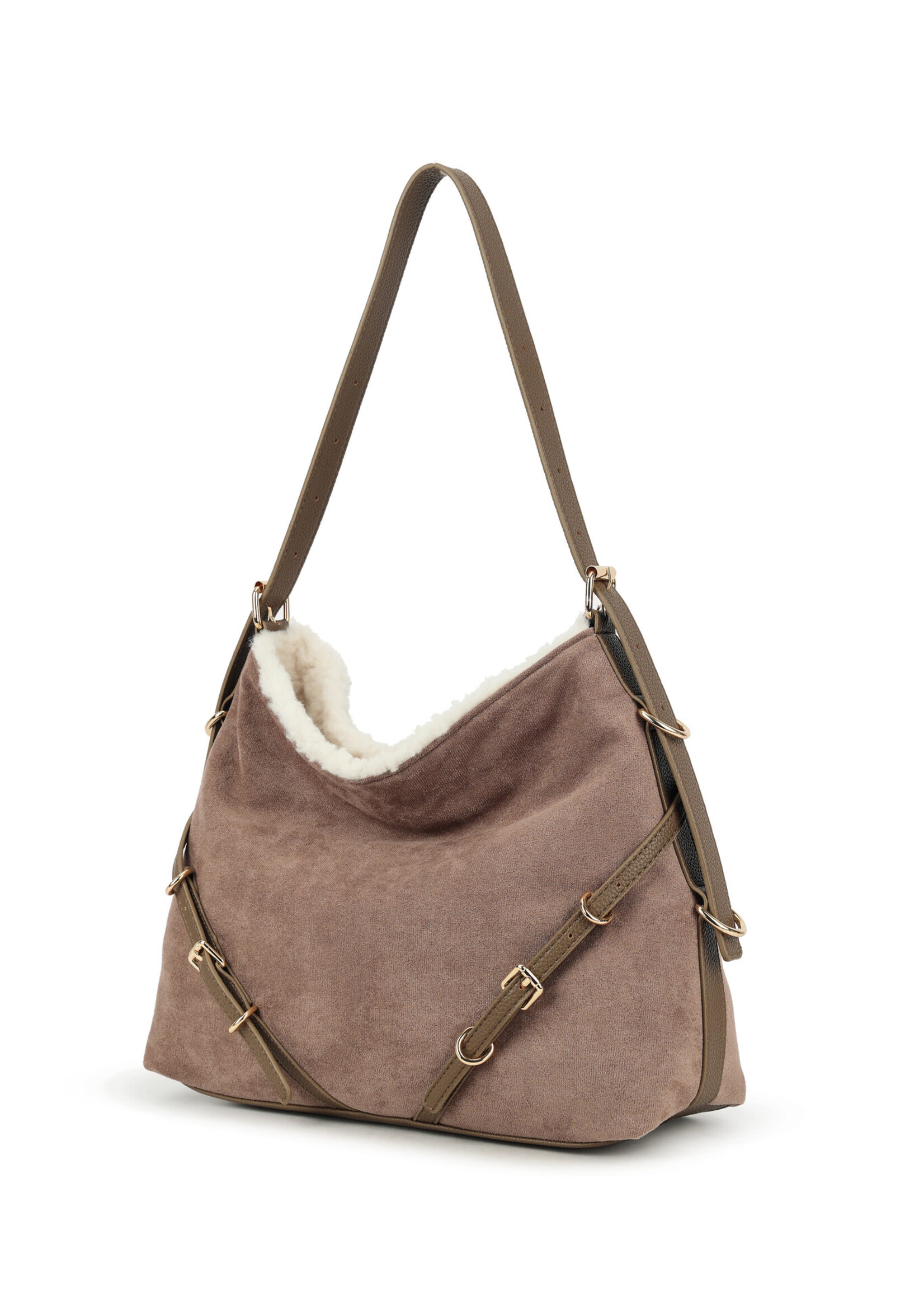 Kunst suede schoudertas | Mirrene | Zwart-Bruin-Taupe