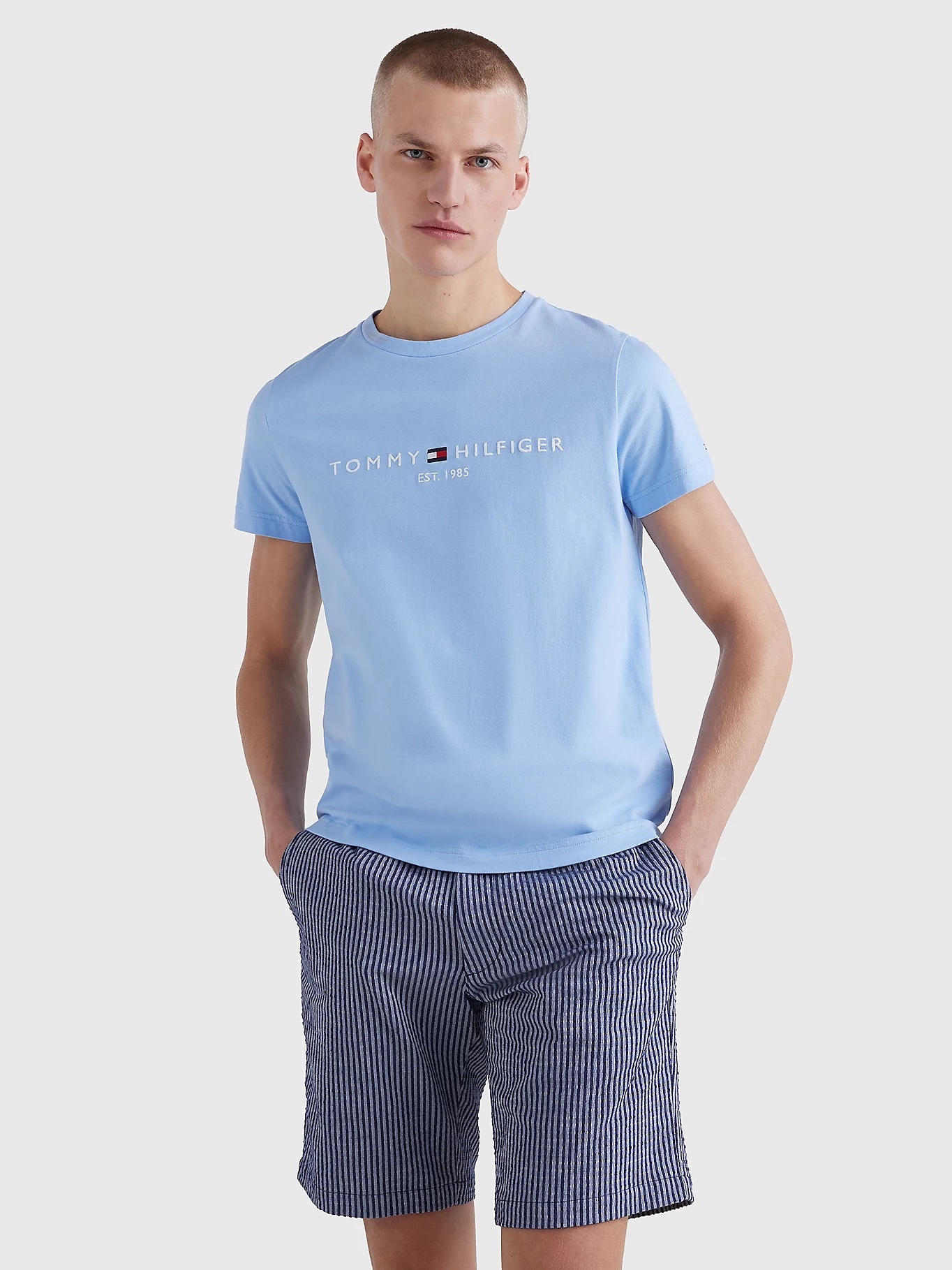 T-shirt korte mouw jersey met logo lichtblauw - Bas de Wit Mode Leiden