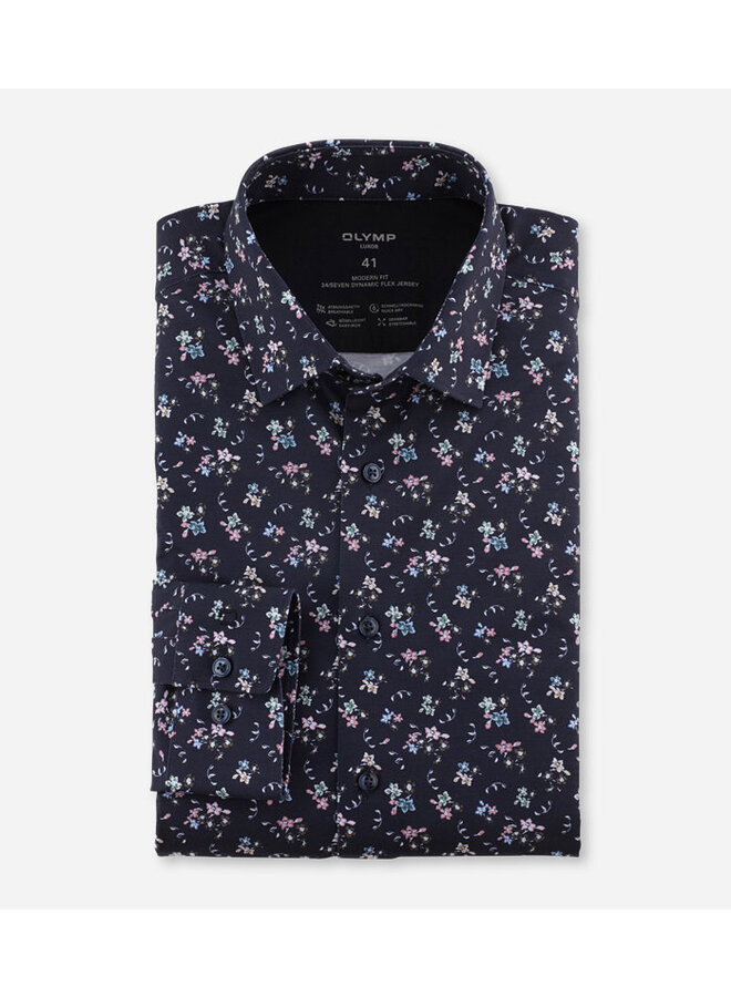 Olymp 24/seven dynamic flex shirt bloemprint navy