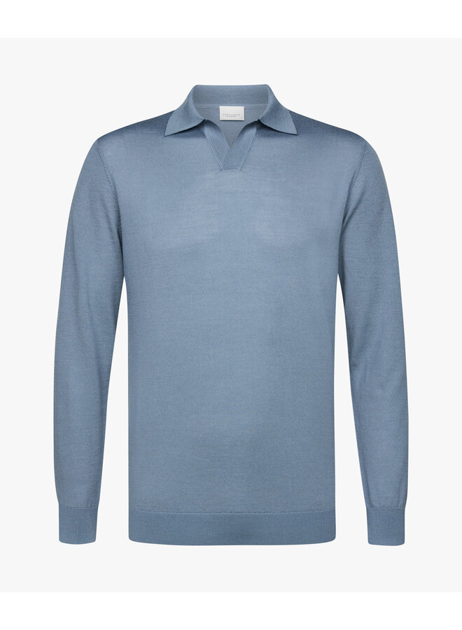 Profuomo open collar polo lange mouw licht blauw