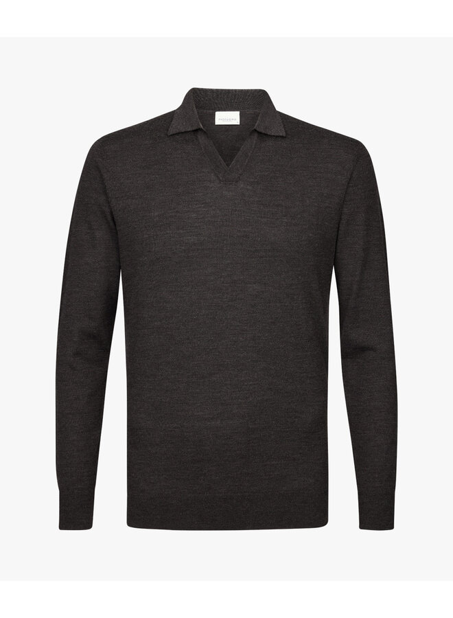 Profuomo open collar polo lange mouw bruin