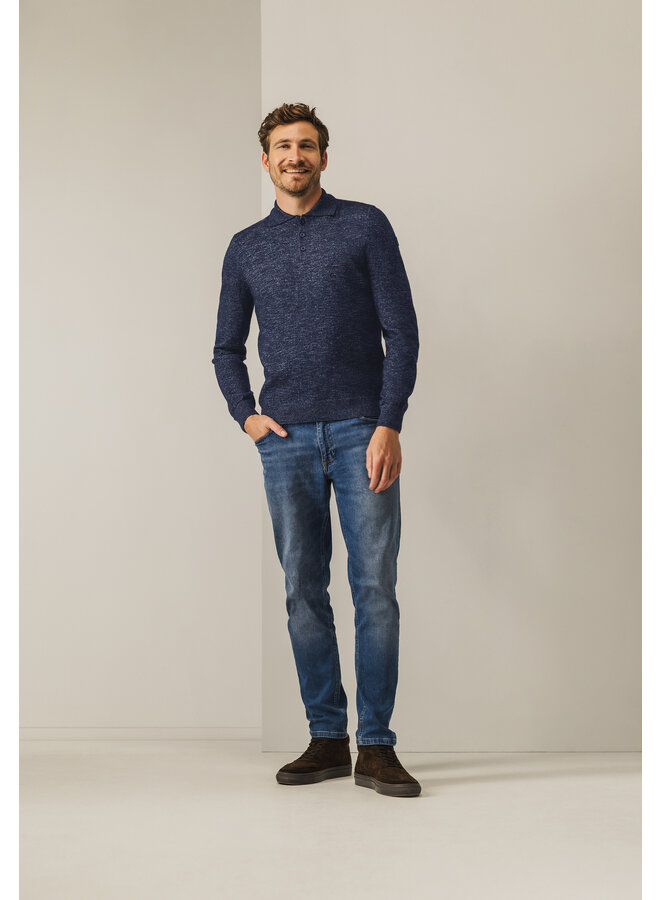 State of Art polo lange mouw gemêleerd jeansblauw