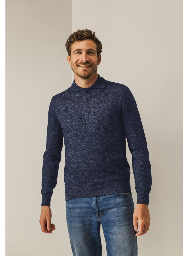 State of Art gemêleerde polo lange mouw jeansblauw