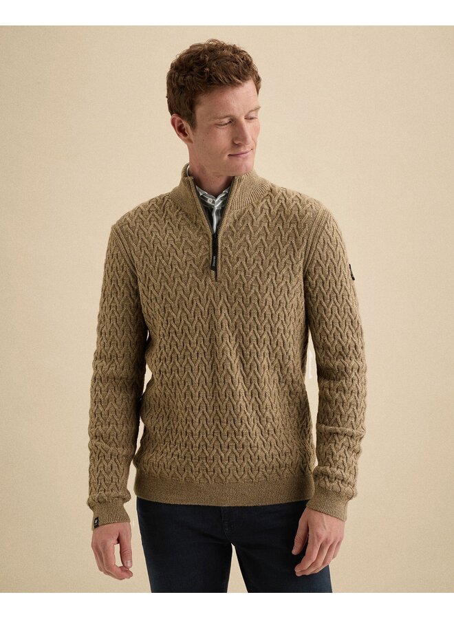 Pullover met half zip kabelpatroon greige