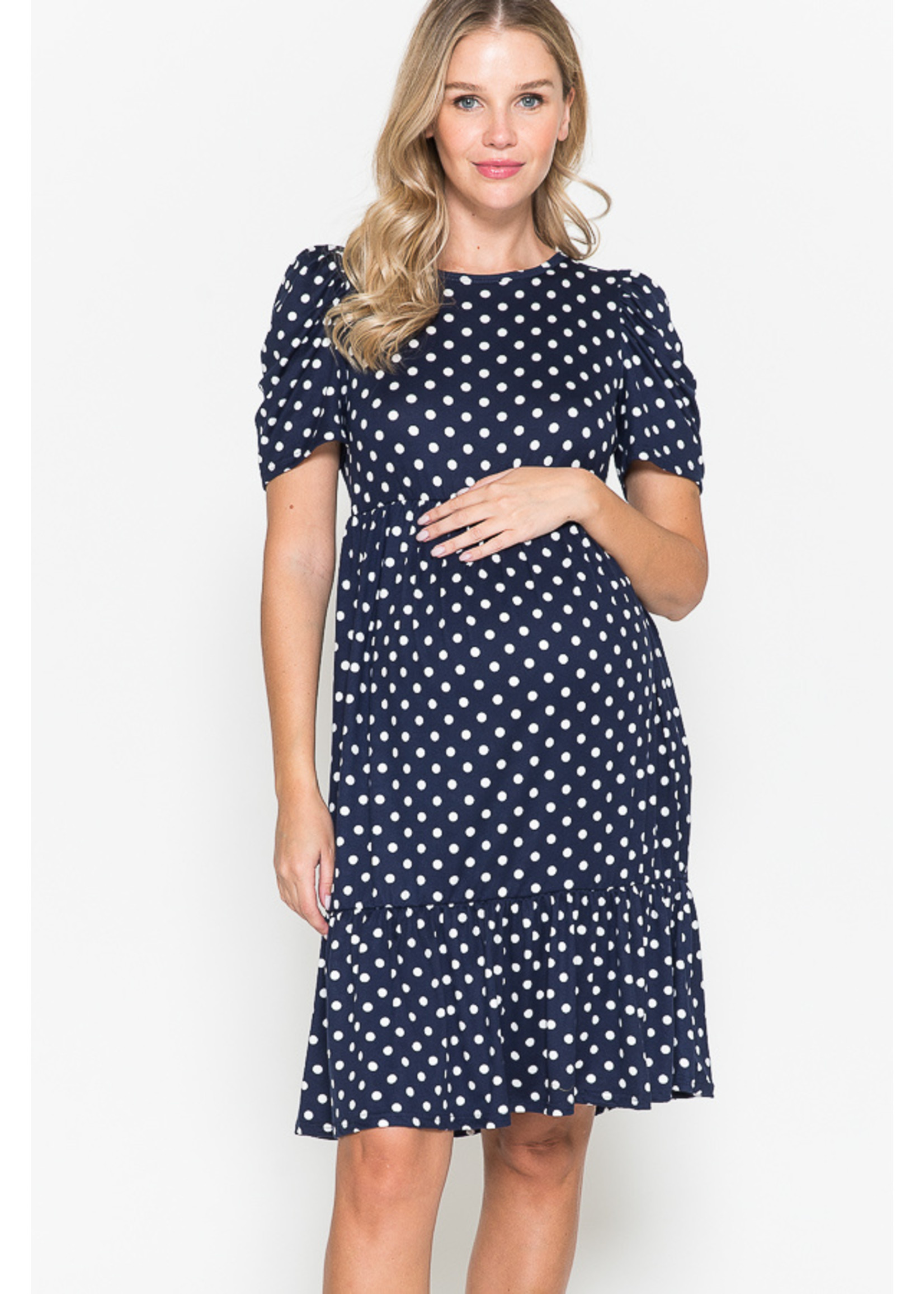 Querential Maternity Polka dot printed tired short baloon sleeves midi dress