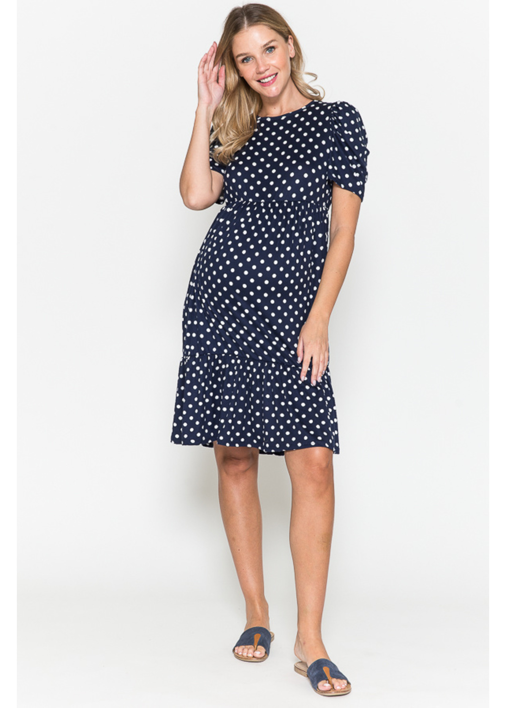 Querential Maternity Polka dot printed tired short baloon sleeves midi dress