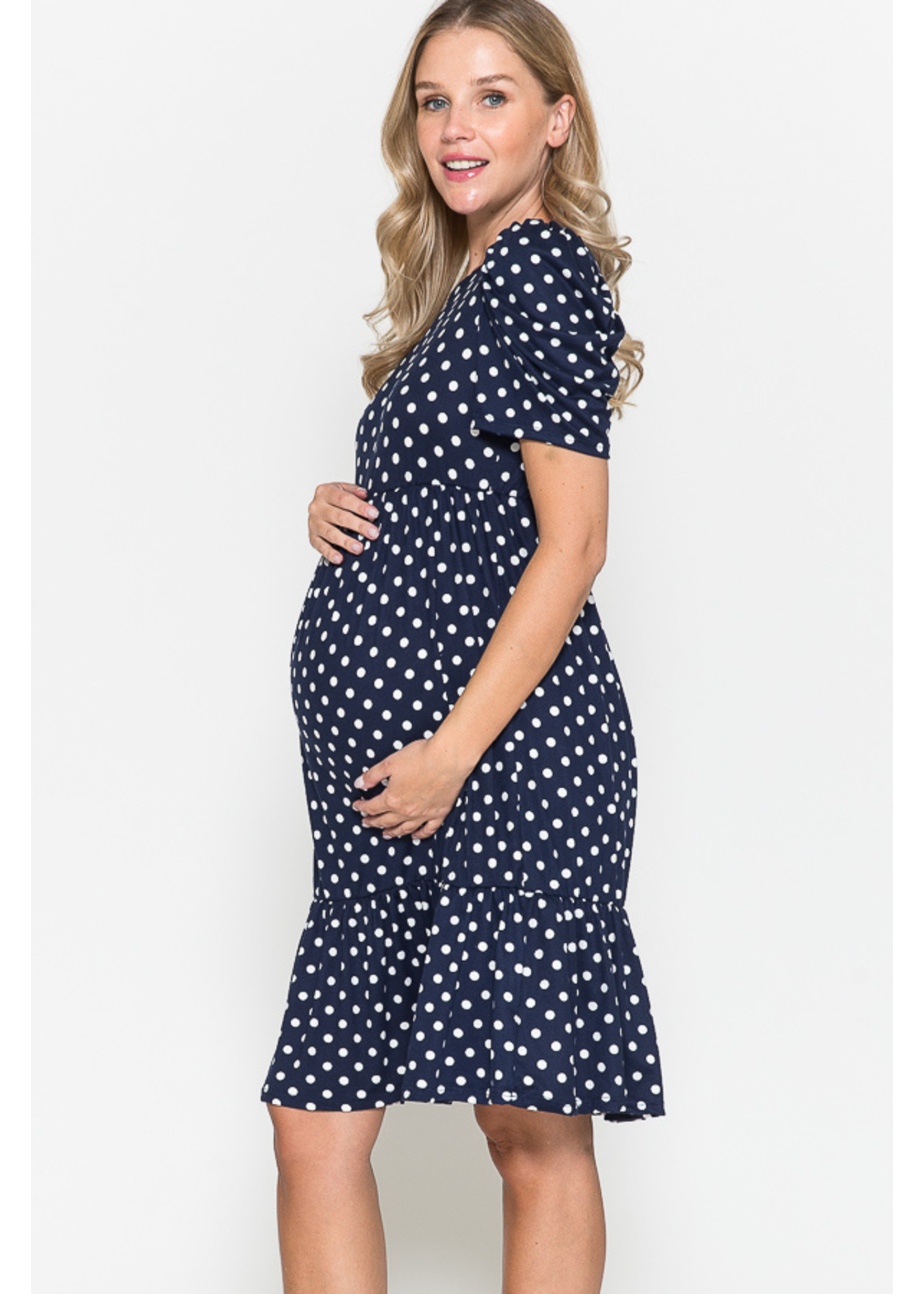 Querential Maternity Polka dot printed tired short baloon sleeves midi dress