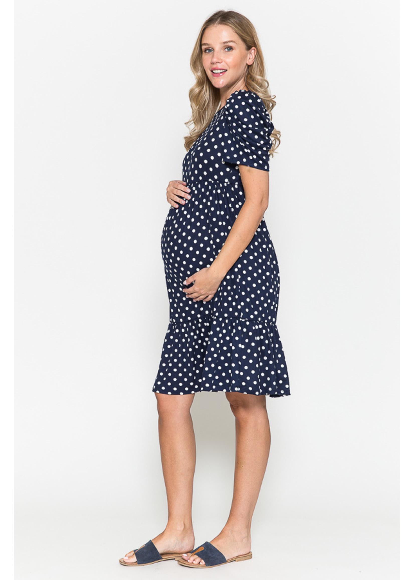 Querential Maternity Polka dot printed tired short baloon sleeves midi dress