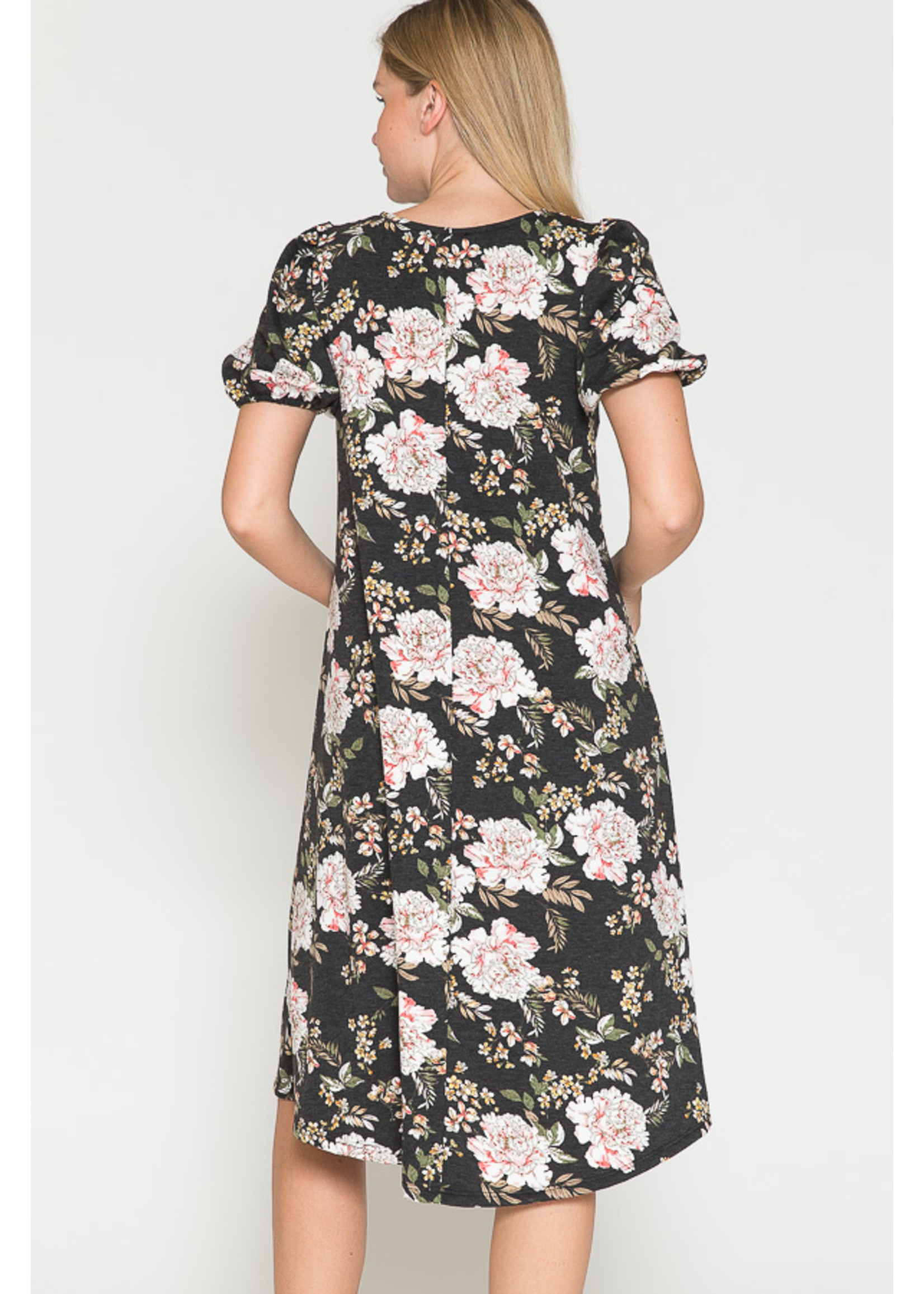 Querential Maternity V-neck FRONT CINCH PUFF type short SLEEVE MIDI DRESS-A BLACK FLORAL