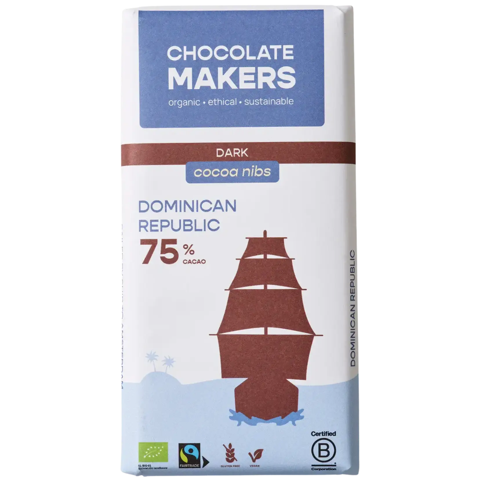 Chocolate Makers Chocolate Makers Dark 75% met Cacaostukjes Dominikaanse Republiek