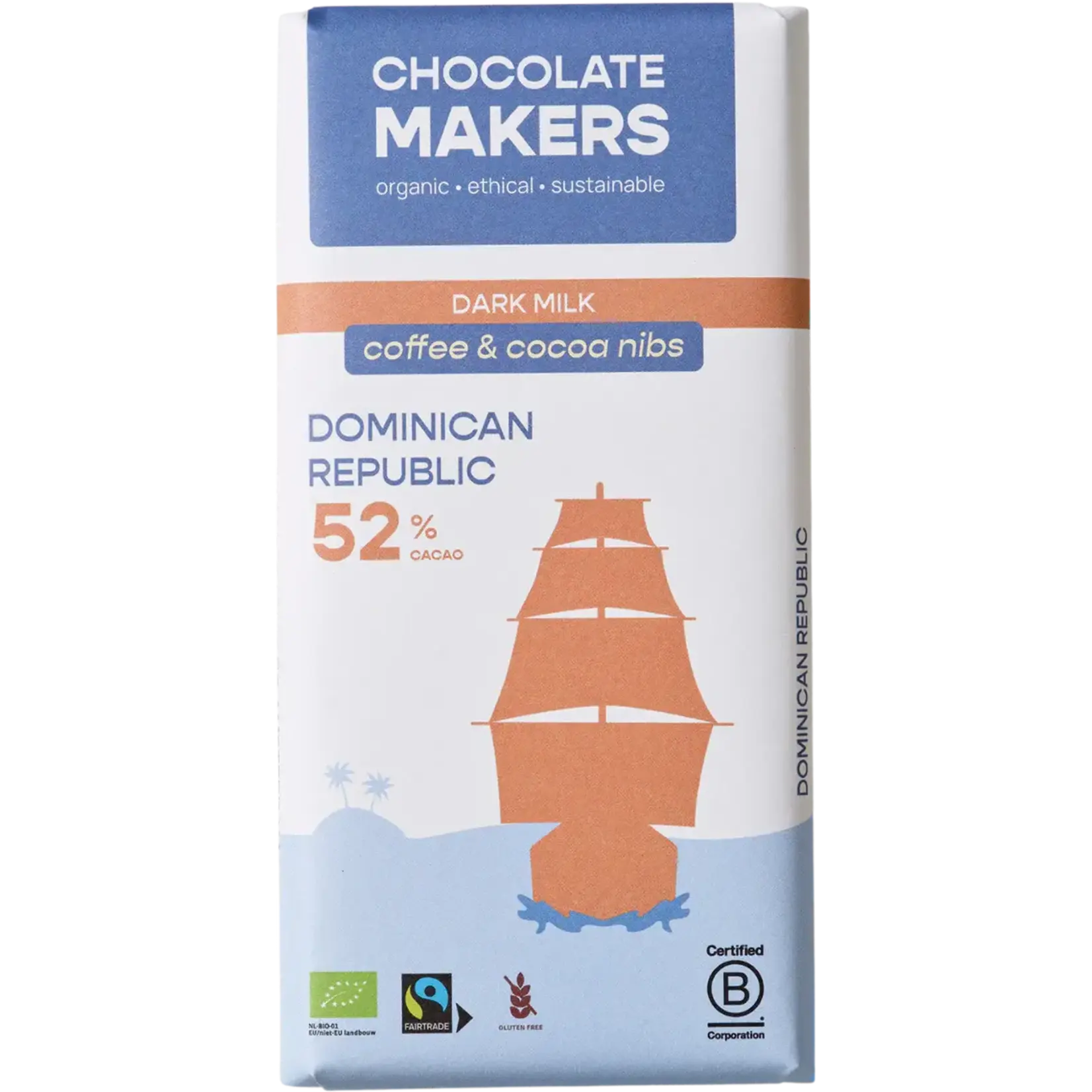 Chocolate Makers Chocolate Makers Dark Melk 52% met Koffie & Cacaostukjes Dominikaanse Republiek