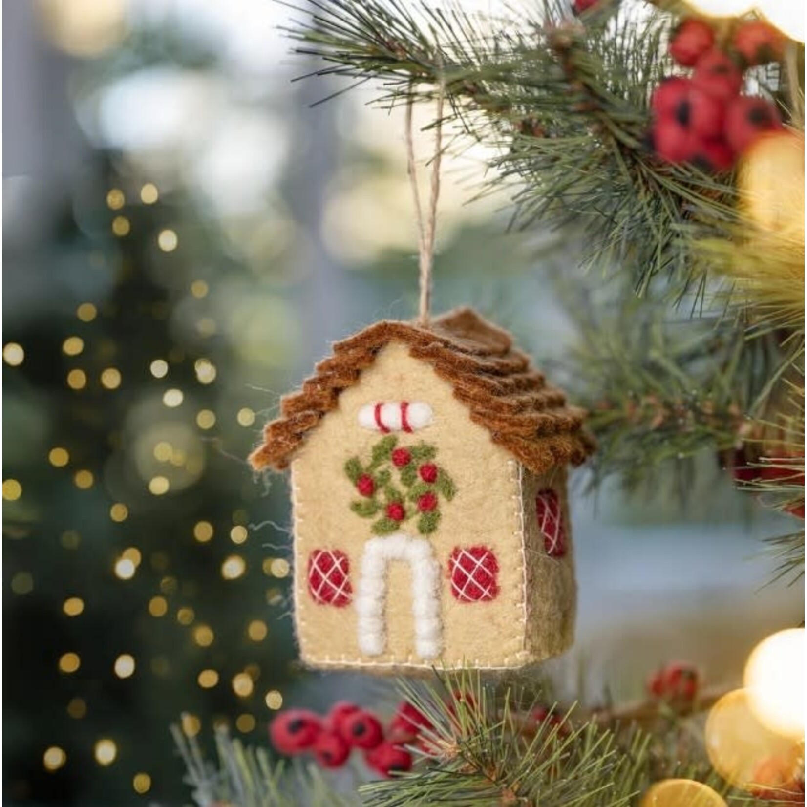 Sjaal met Verhaal Kerst Hanger Huisje Englisch Christmas Beige