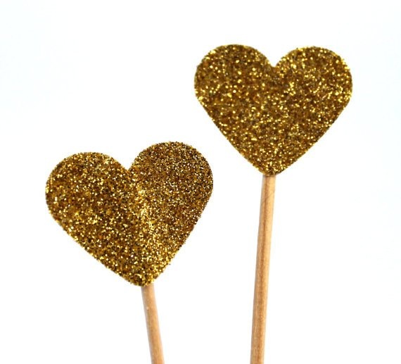 Cupcake Toppers 'Hartjes' Goud Glitter (10St)-1