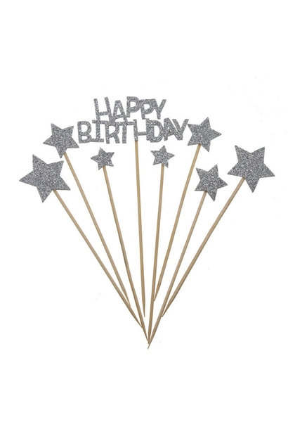 Taarttoppers 'Happy Birthday Star' Zilver/Glitter (1St)