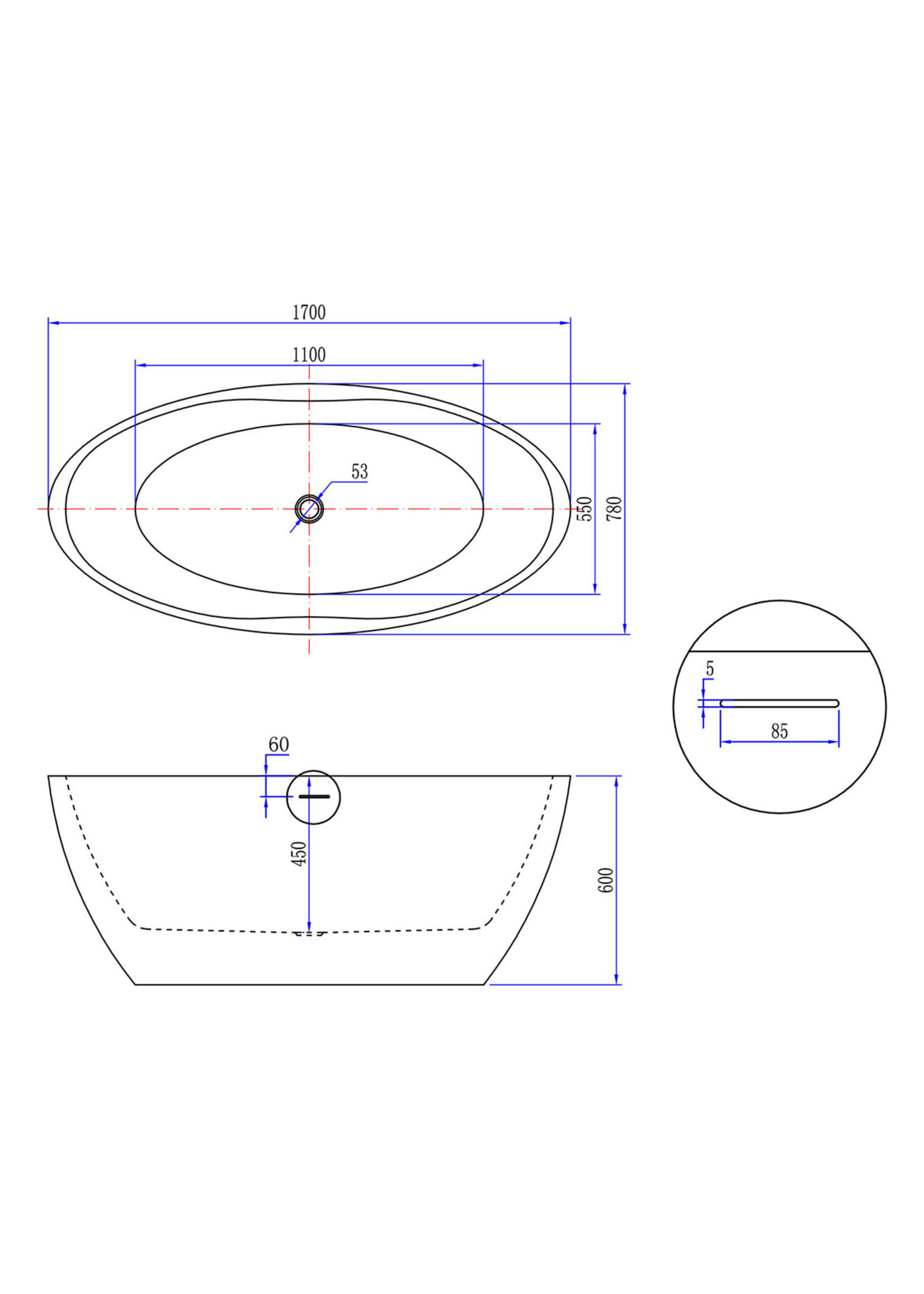 Wiesbaden Wiesbaden Oval vrijstaand ligbad 170x78 cm acryl mat wit met waste mat wit