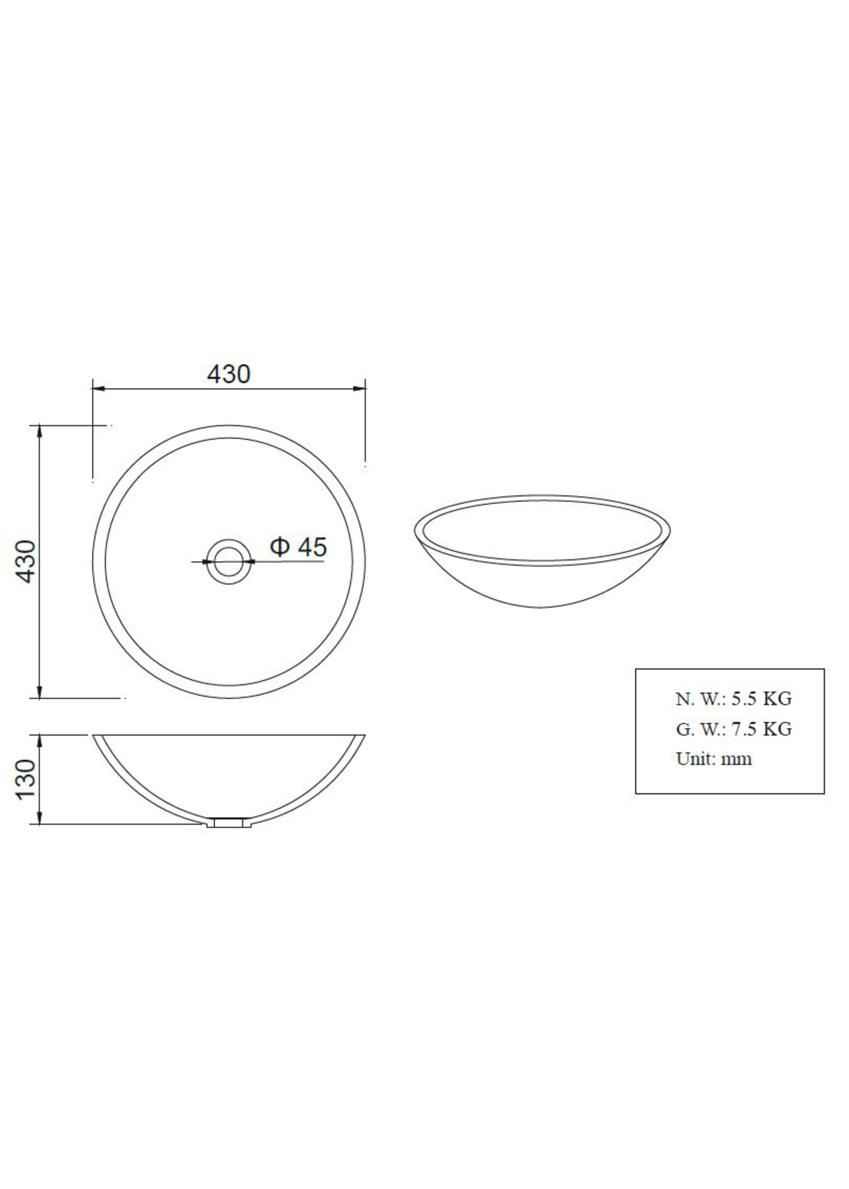 Wiesbaden Wiesbaden Valerie waskom rond 43x13 cm Solid Surface betonlook