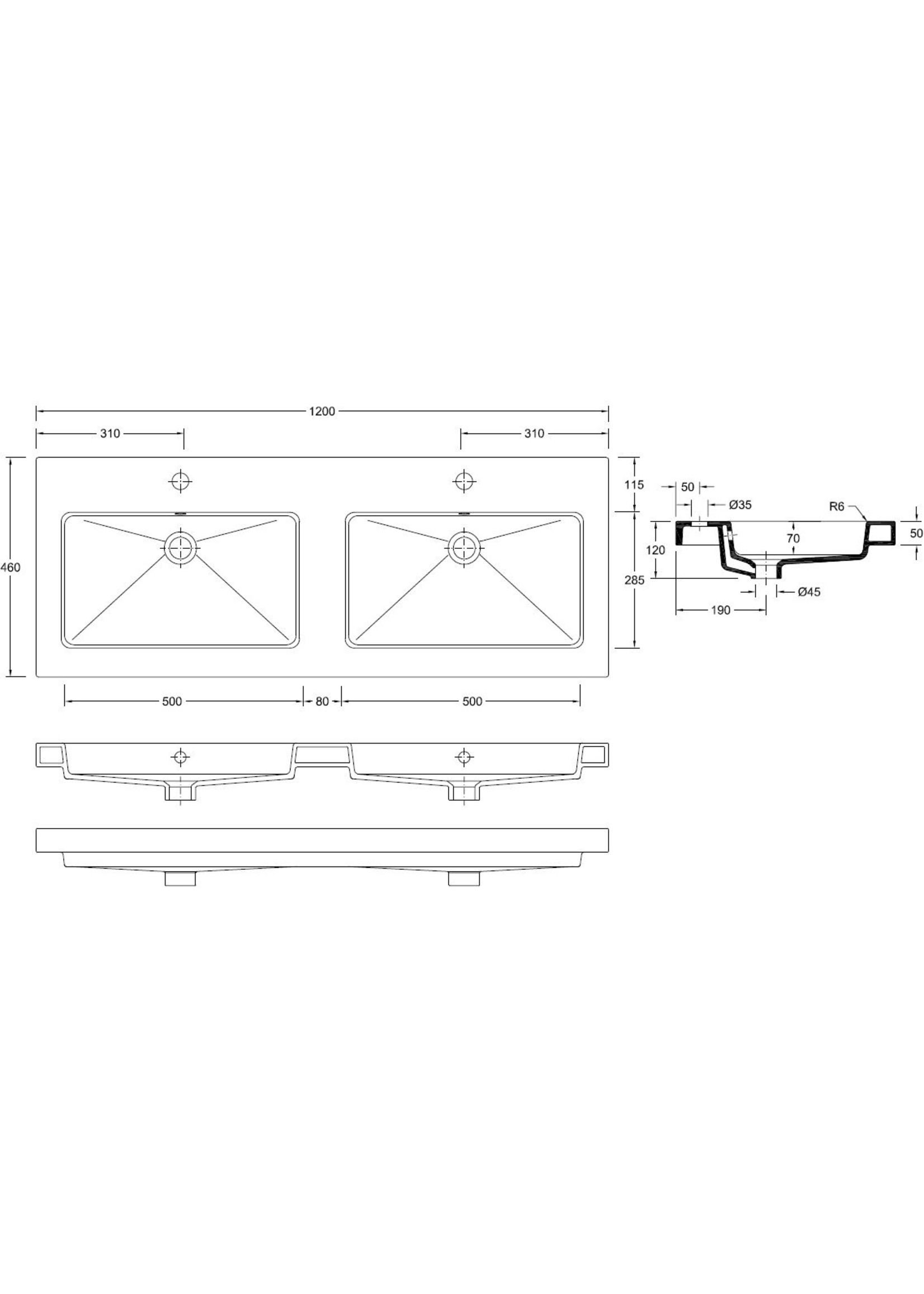 Wiesbaden Wiesbaden Kera wastafel dubbel met 2 kraangaten 120x46x5 cm keramiek glans wit