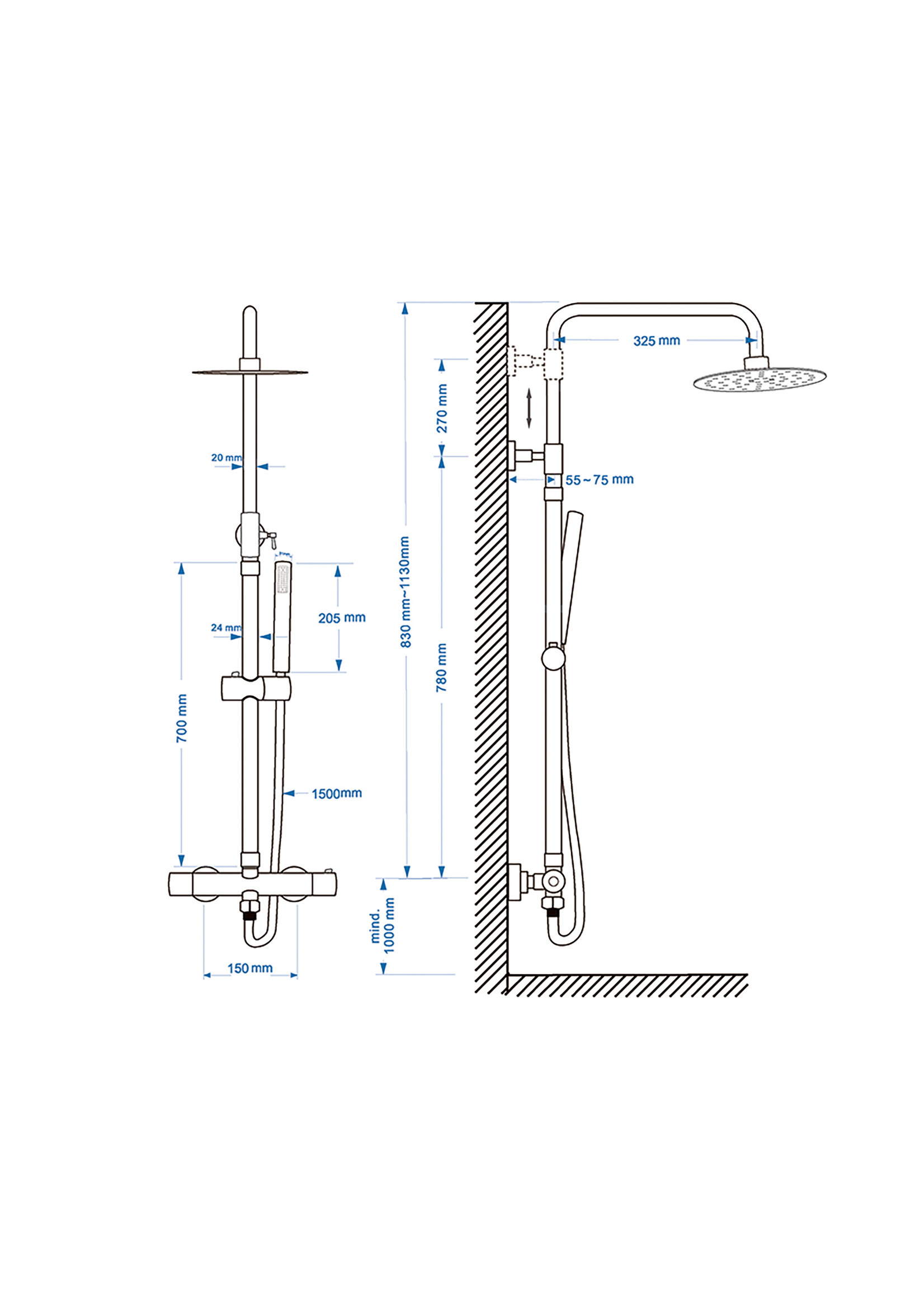 Wiesbaden Caral-Eco Twenty douche-opbouwset + thermostaatkraan chroom