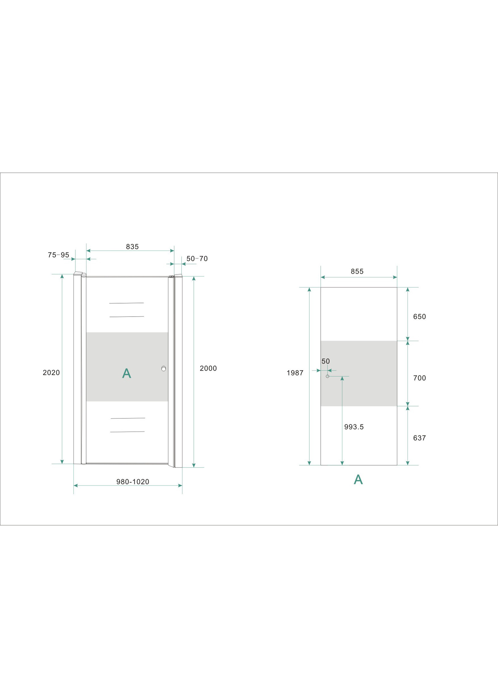 Wiesbaden nisdeur -L- met profiel 1000x2000 8mm NANO ged.matglas