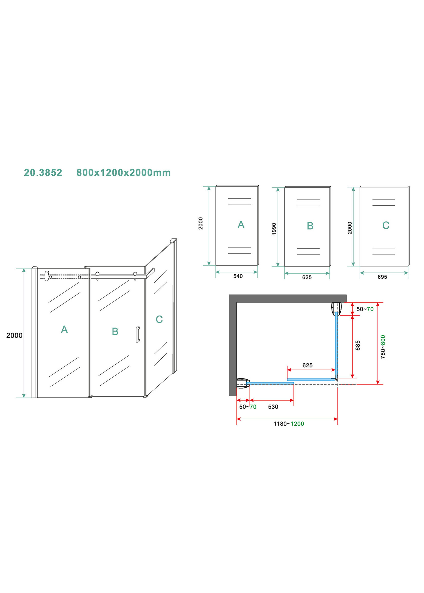 Xellanz Xellanz douchedeur + zijwand 1200x800x2000 chroom 8mm NANO glas