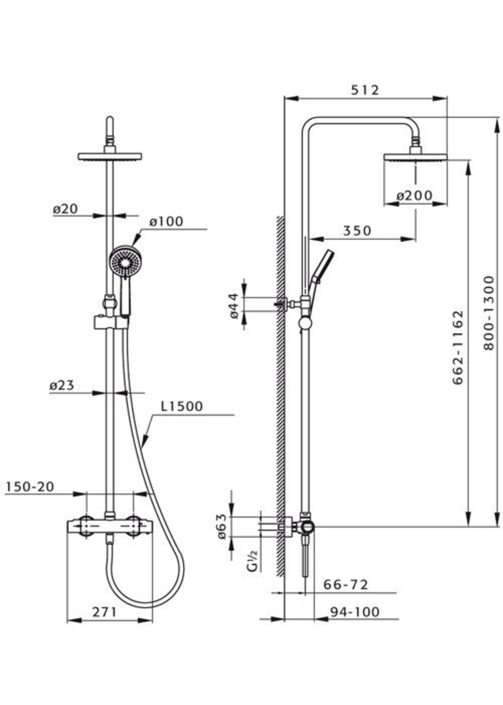 Xenz Basic - Douche opbouwset (thermostatisch), telescopisch chroom