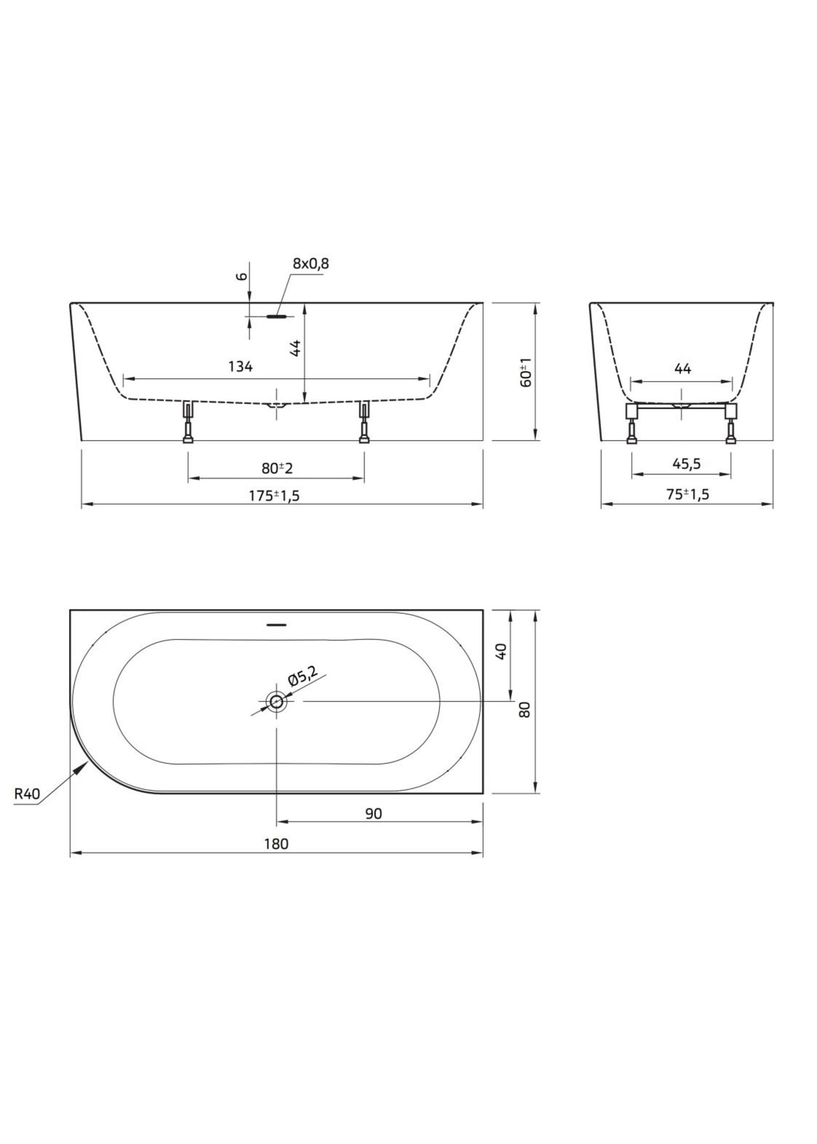 Xenz Fay rechts 180x80x60 wit, met sleuf overloop, incl waste wit glans