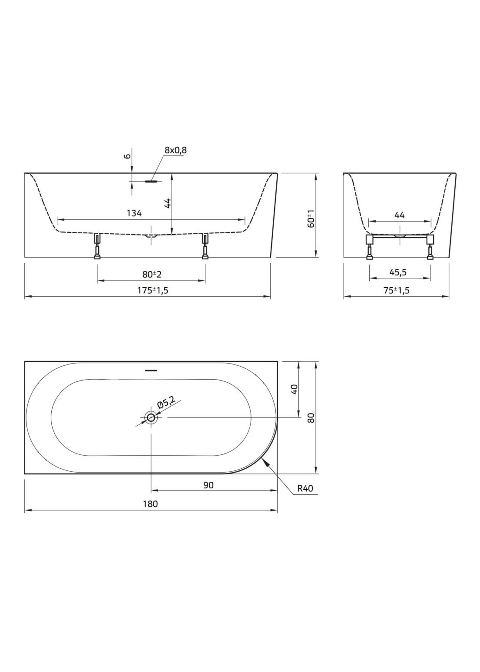 Xenz Fay links 180x80x60 wit, met sleuf overloop, incl waste wit glans