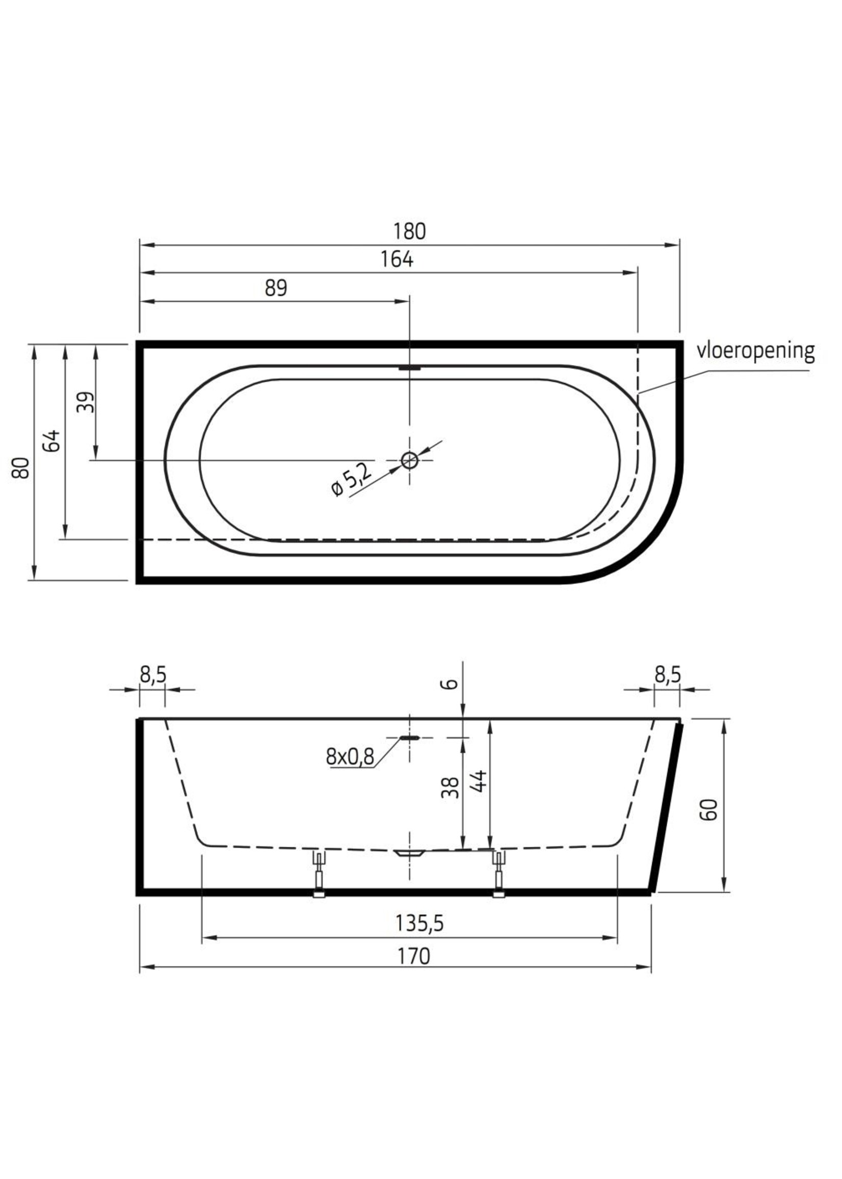 Xenz Charley Links 180x80x60 wit, sleuf overloop, waste wit glans