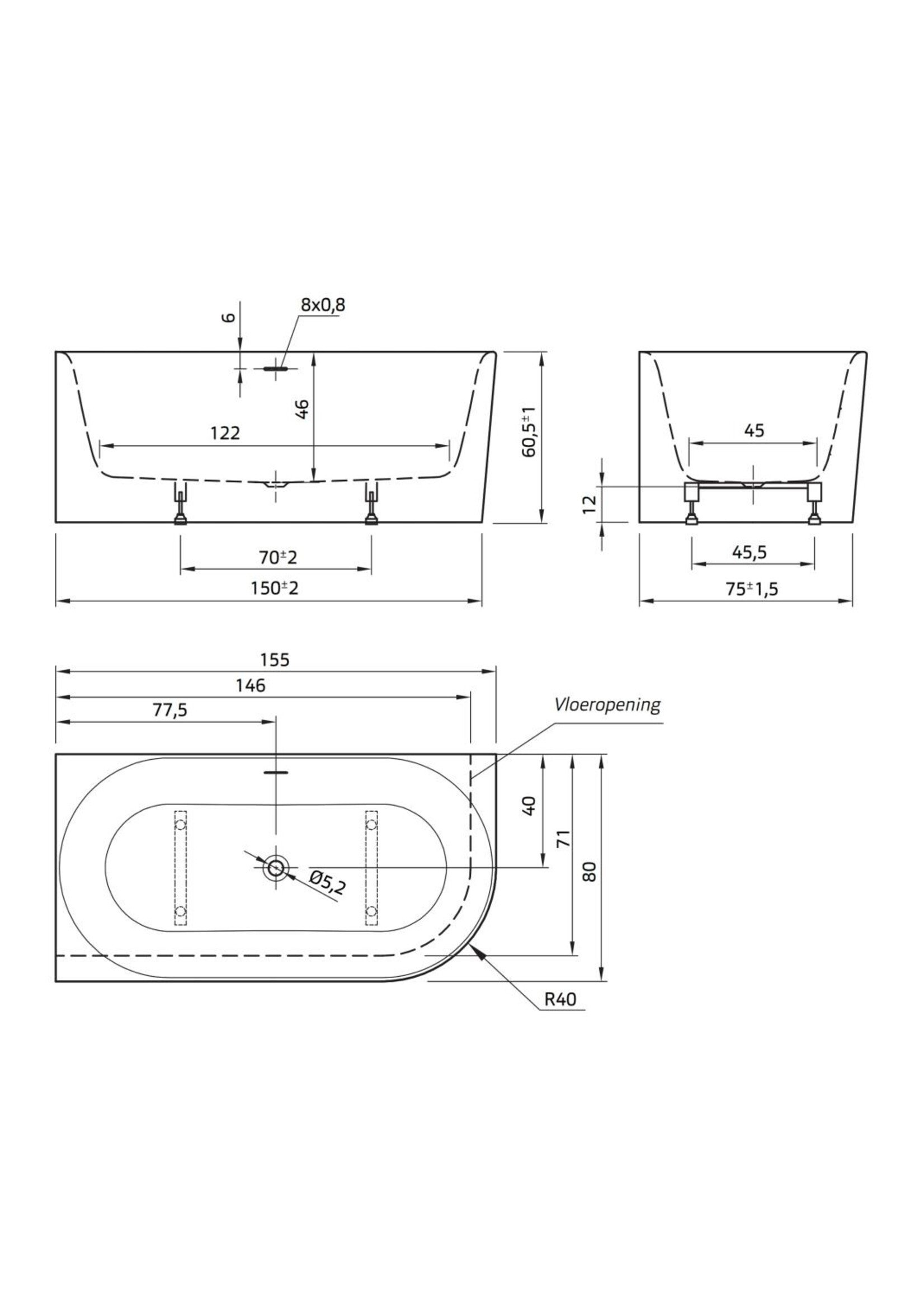 Xenz Fay XS links 155x80x60 wit, met sleuf overloop, incl waste wit glans