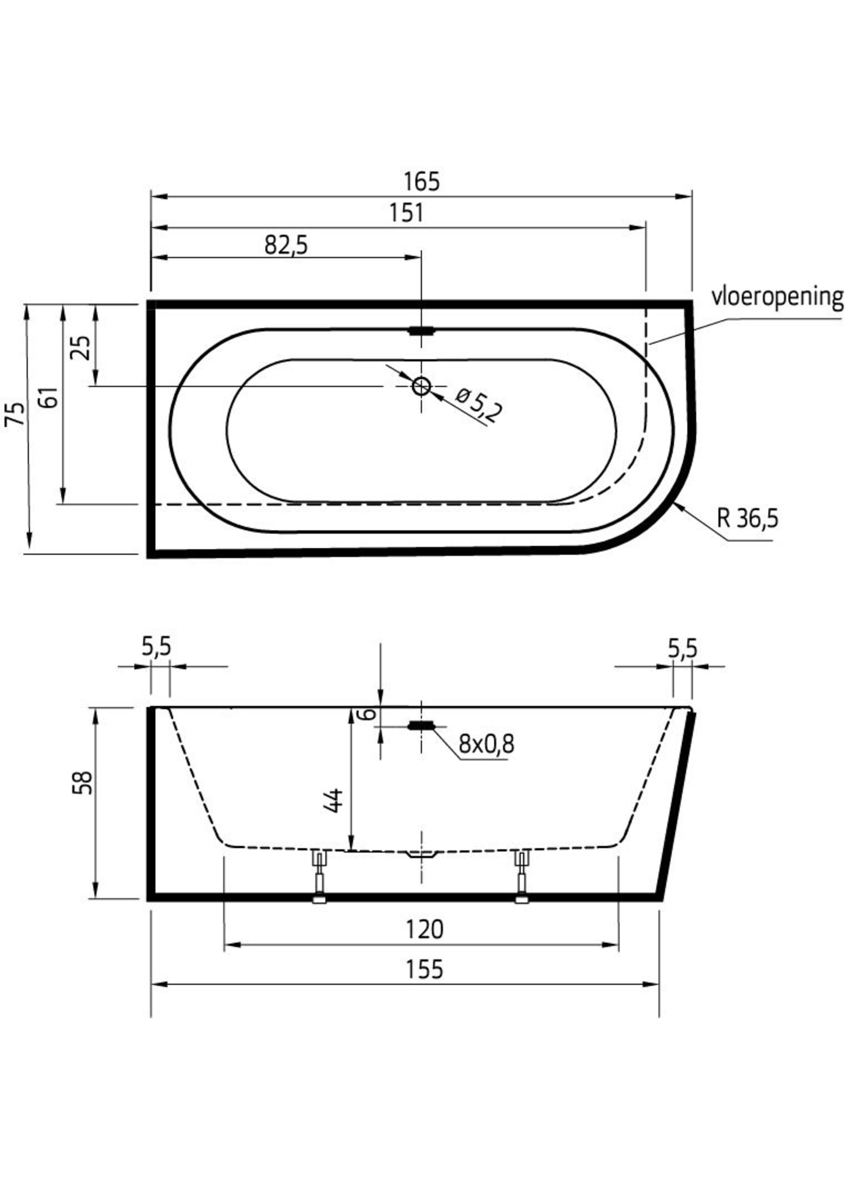 Xenz Charley XS links 165x75x58 wit, sleuf overloop, waste wit glans