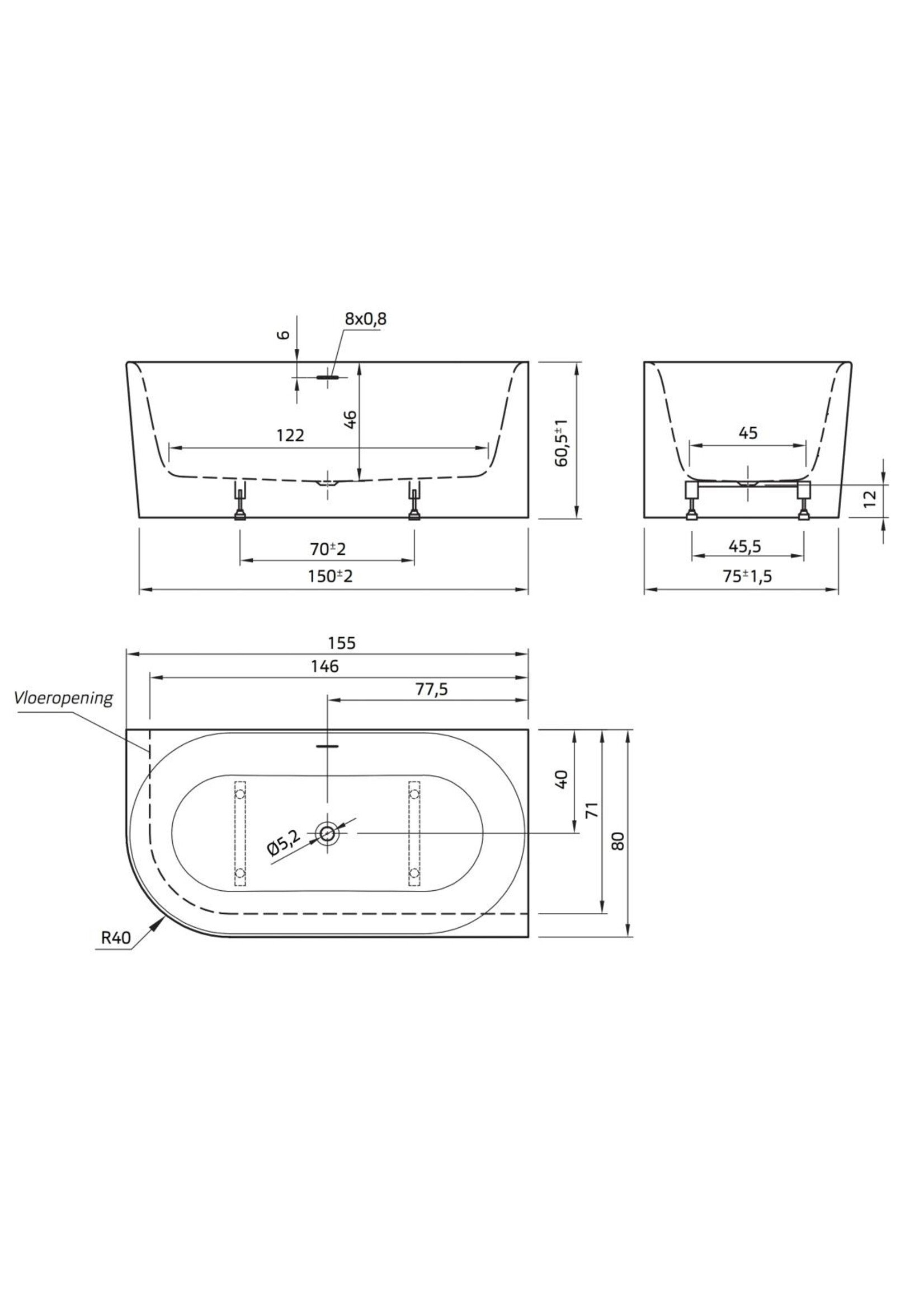 Xenz Fay XS rechts 155x80x60 wit, met sleuf overloop, incl waste wit glans