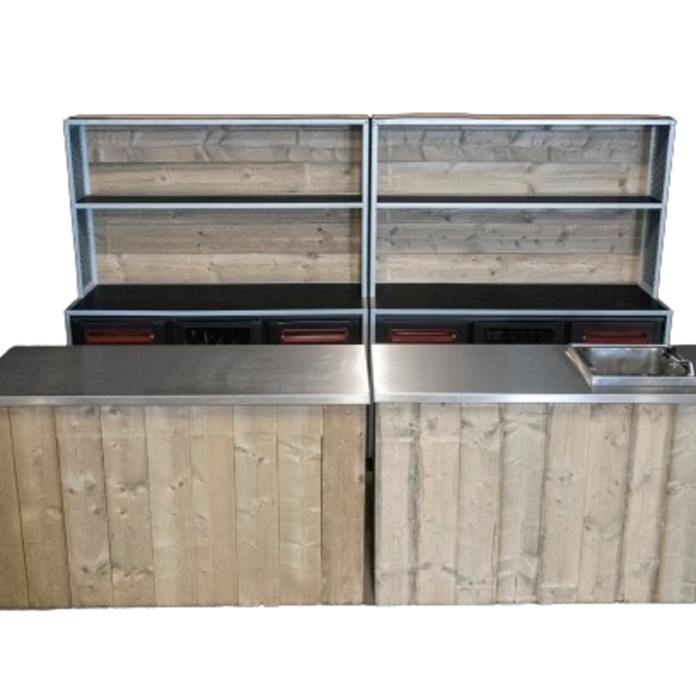 Dubbele uitgifteset met spoelbak - Steigerhout met rvs blad Dubbele uitgifteset met spoelbak - Steigerhout met rvs blad