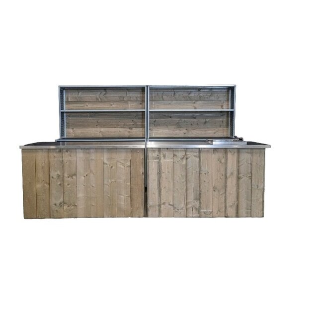 Dubbele uitgifteset met spoelbak - Steigerhout met rvs blad Dubbele uitgifteset met spoelbak - Steigerhout met rvs blad