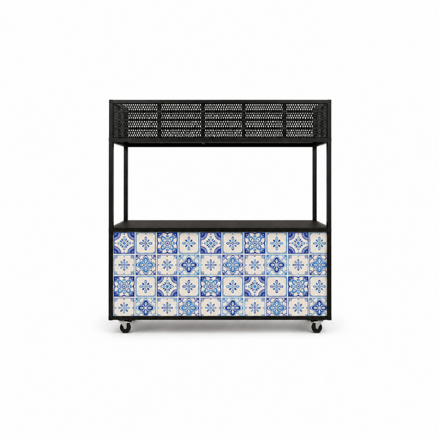 Foodcourt flex 195cm -  Staal blauw wit tegelmotief