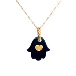 Necklace hamsa hand heart black goldplated