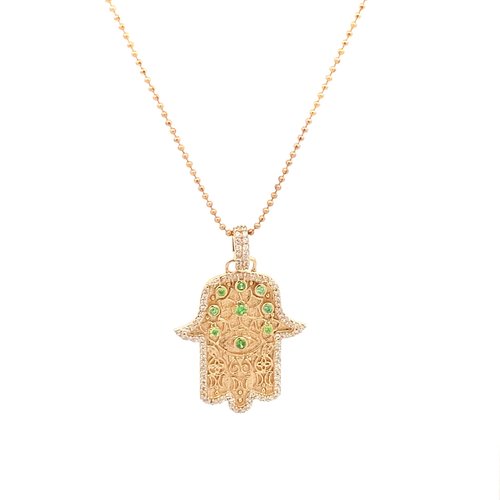 Necklace hamsa hand cc green goldplated